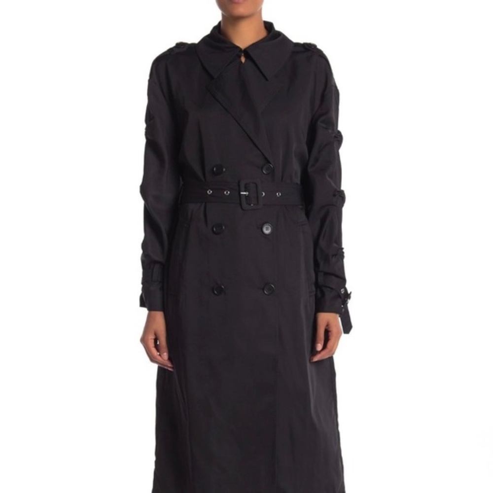 Walter Baker Jennifer Navy Trench Raincoat Ruched Sleeves Designer Details EUC